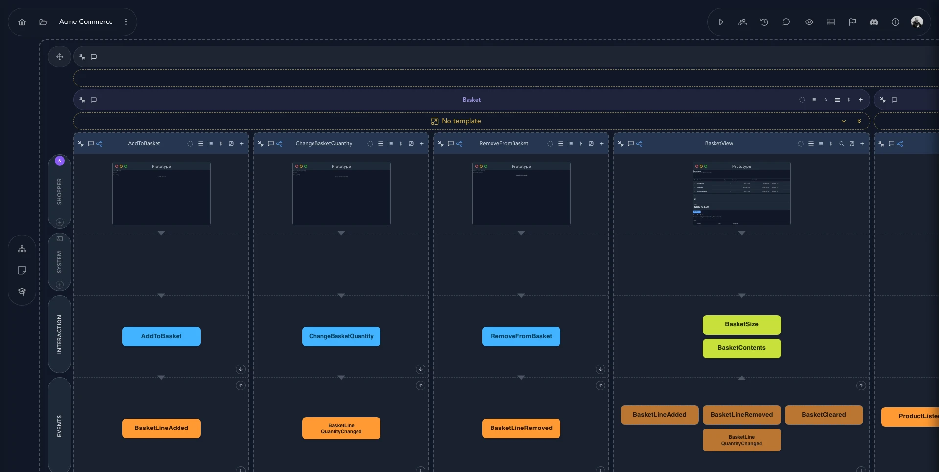 The Basket module of the Storefront event model: AddToBasket, ChangeBasketQuantity and RemoveFromBasket commands, the BasketView read model, and the events between them.