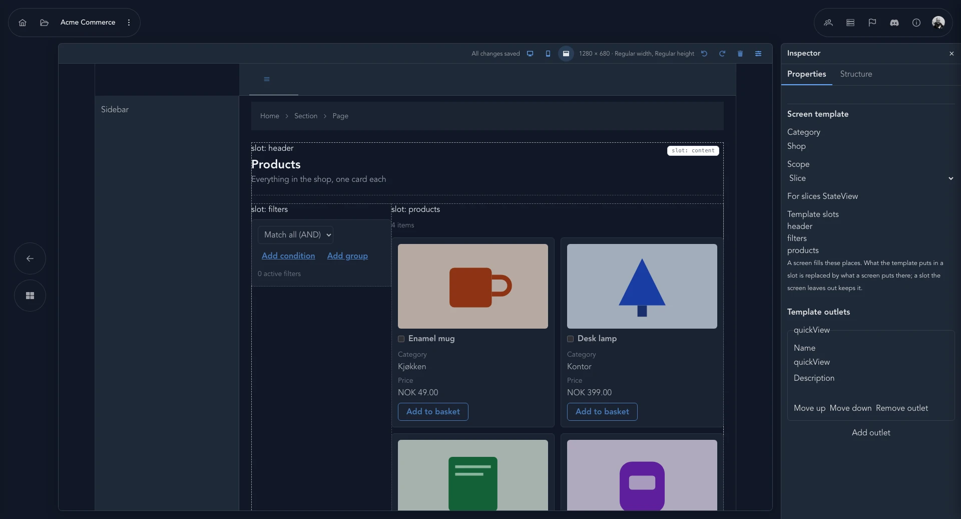 The ProductGrid screen template editor with an inspector listing the template's slots.