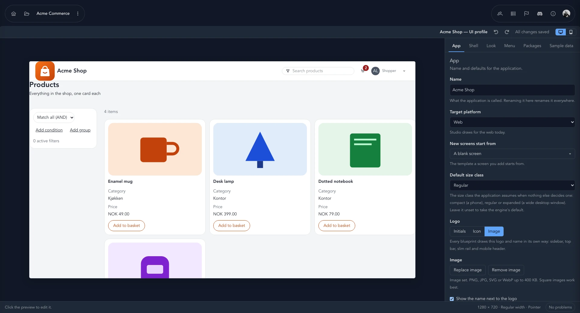 A UI profile editor with a live preview of the storefront product grid.